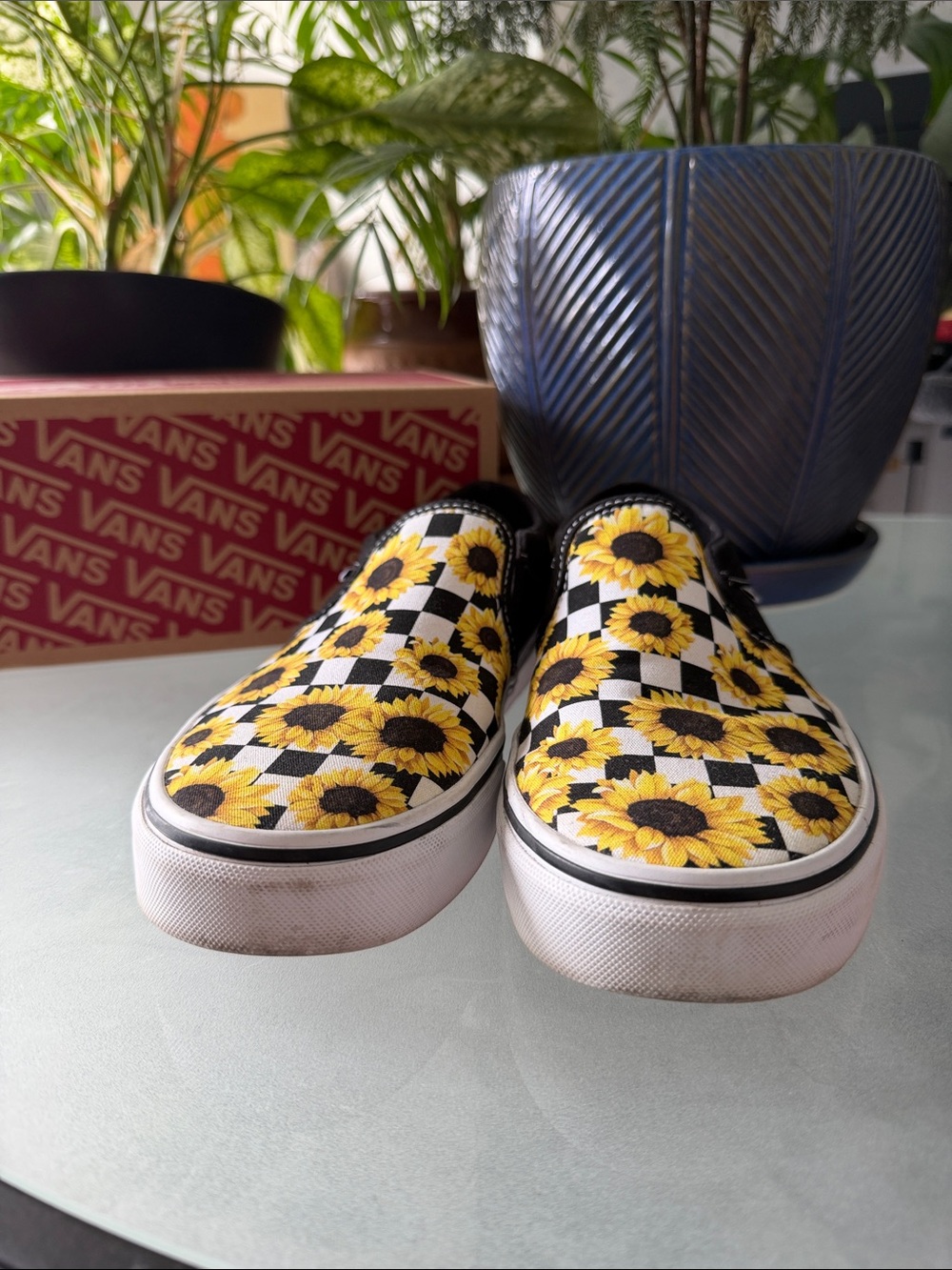 Vans Black Slip-On Sneakers with Yellow Sunflower Checkerboard - Picture 2 of 6
